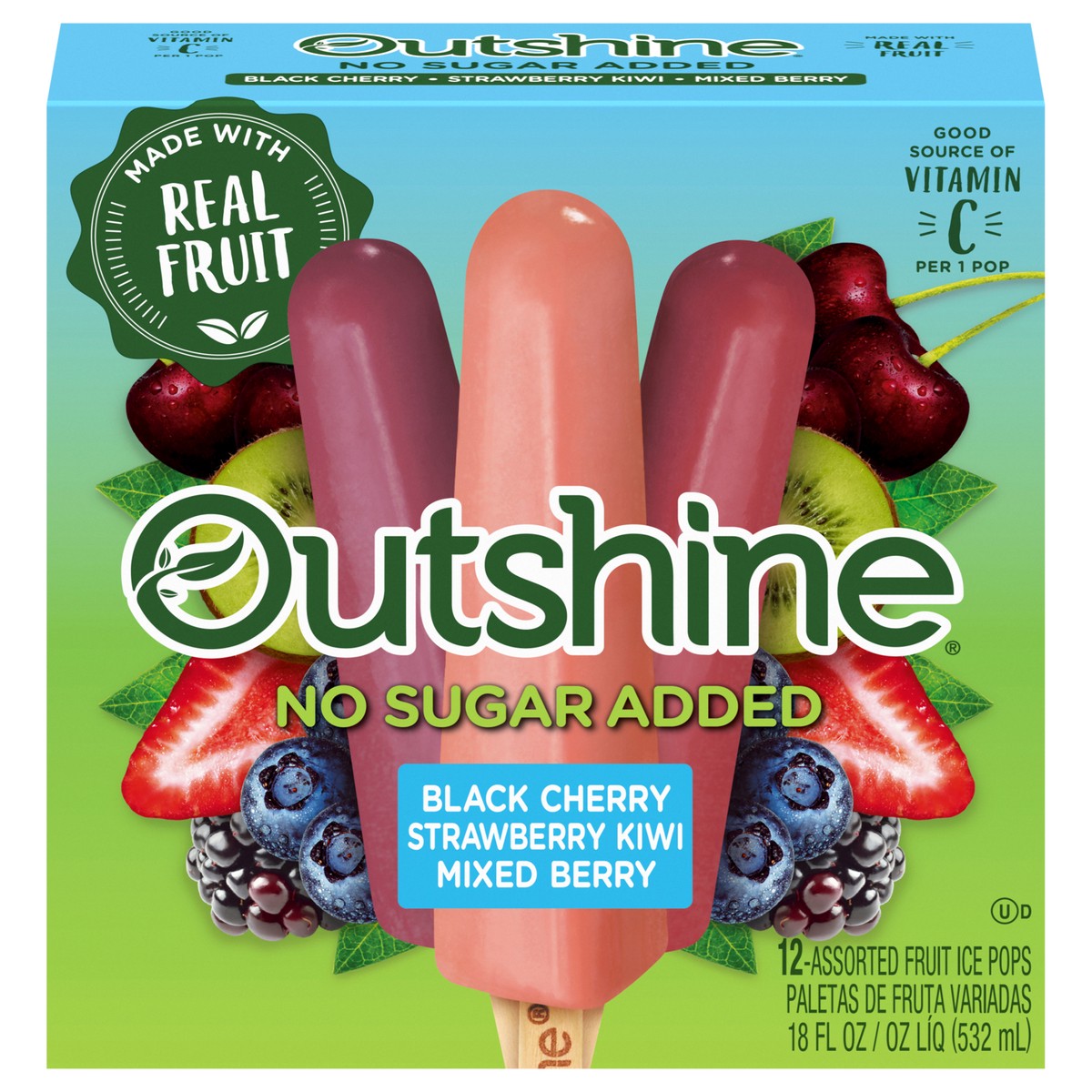 slide 1 of 45, Outshine No Sugar Added Black Cherry/Strawberry Kiwi/Mixed Berry Fruit Ice Pops Mini 12 ea, 12 ct