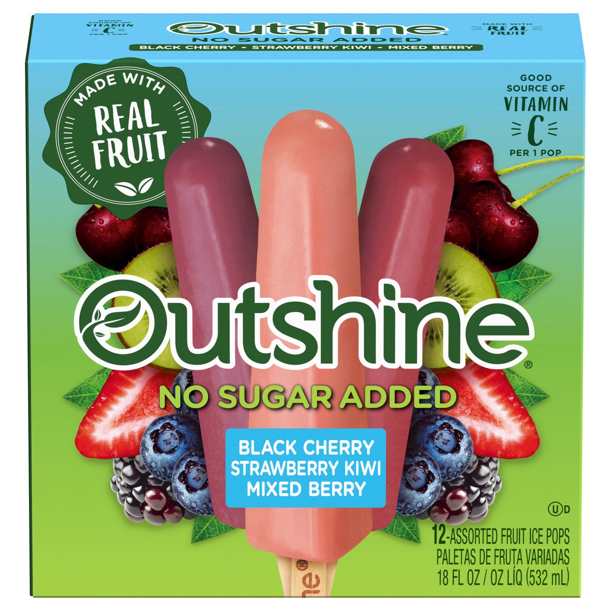 slide 1 of 45, Outshine No Sugar Added Black Cherry/Strawberry Kiwi/Mixed Berry Fruit Ice Pops 12 ea, 12 ct