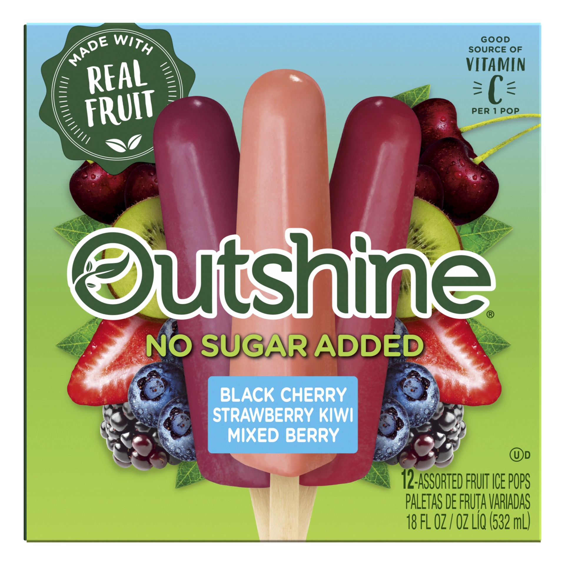 slide 1 of 45, Outshine Assorted No Sugar Added Black Cherry/Strawberry Kiwi/Mixed Berry Fruit Ice Bars 12 ea, 12 ct