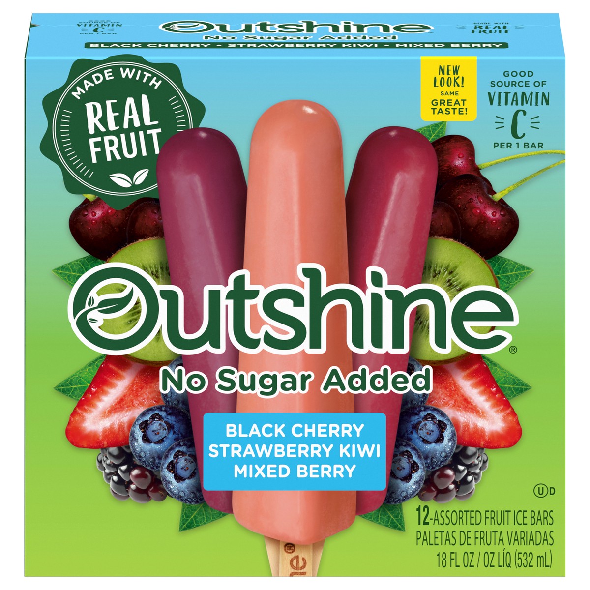 slide 1 of 45, Outshine Assorted No Sugar Added Black Cherry/Strawberry Kiwi/Mixed Berry Fruit Ice Bars 12 ea, 12 ct