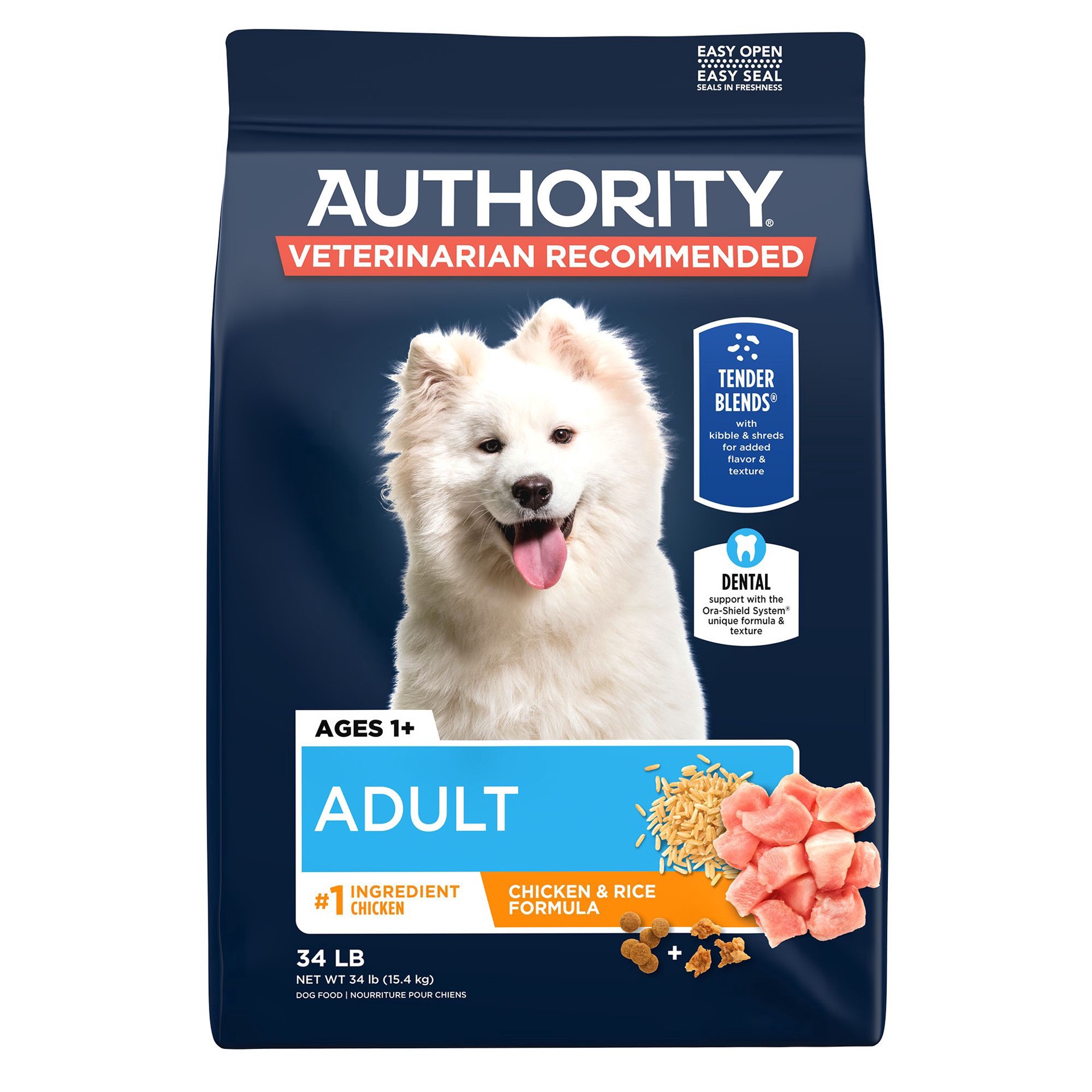 slide 1 of 1, Authority Everyday Health Tender Blends Adult Dry Dog Food - Chicken & Rice, 34 lb