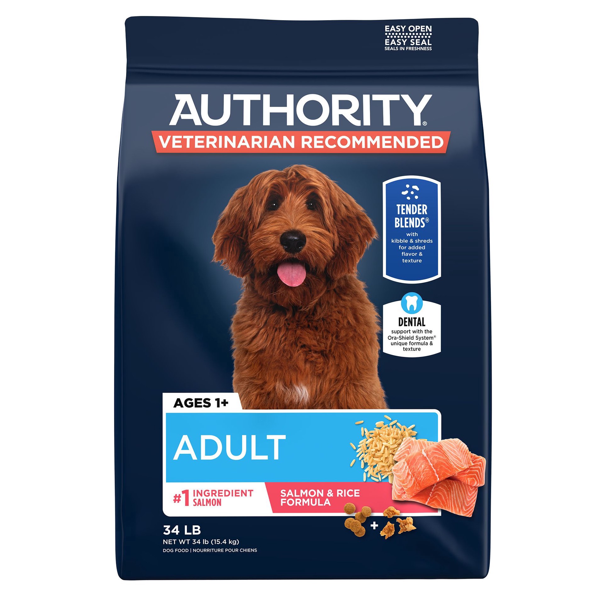 slide 1 of 1, Authority Everyday Health Tender Blends Adult Dry Dog Food - Salmon & Rice, 34 lb