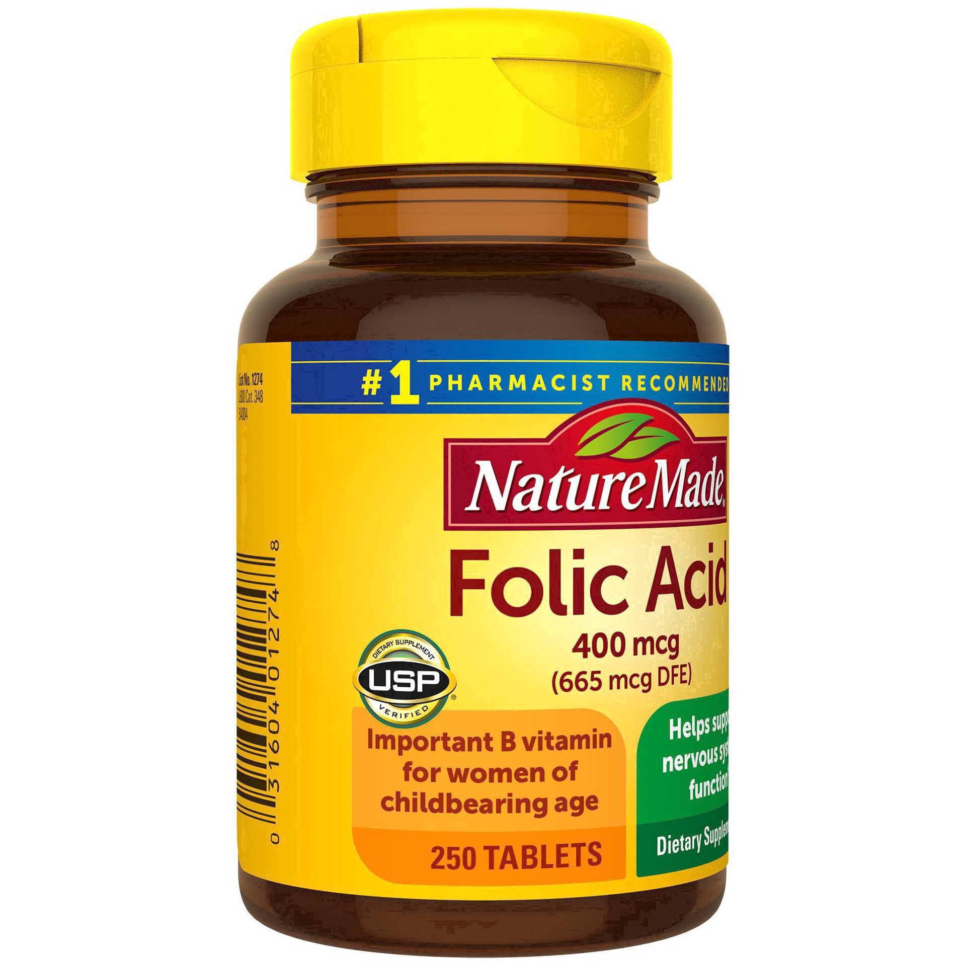 slide 24 of 59, Nature Made Folic Acid 400 mcg (665 mcg DFE), Dietary Supplement for Nervous System Function, 250 Tablets, 250 Day Supply, 250 ct