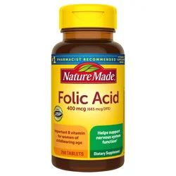 Nature Made Folic Acid 400 mcg (665 mcg DFE), Dietary Supplement for Nervous System Function, 250 Tablets, 250 Day Supply