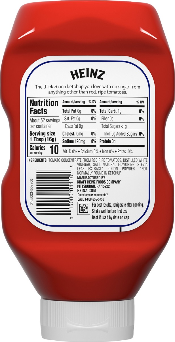 slide 5 of 9, Heinz Tomato Ketchup with No Sugar Added, 29.5 oz Bottle, 29.5 oz