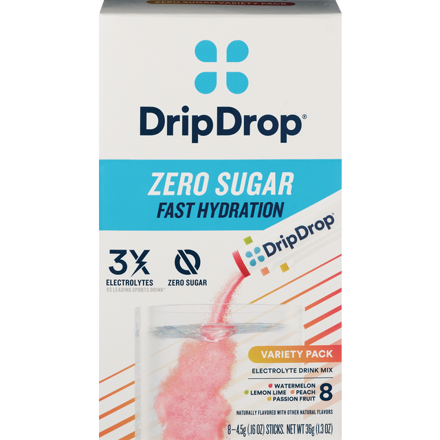 slide 1 of 1, DripDrop Zero Sugar Fast Hydration Electrolyte Drink Mix Variety Pack 8 - 0.16 oz Sticks, 8 ct