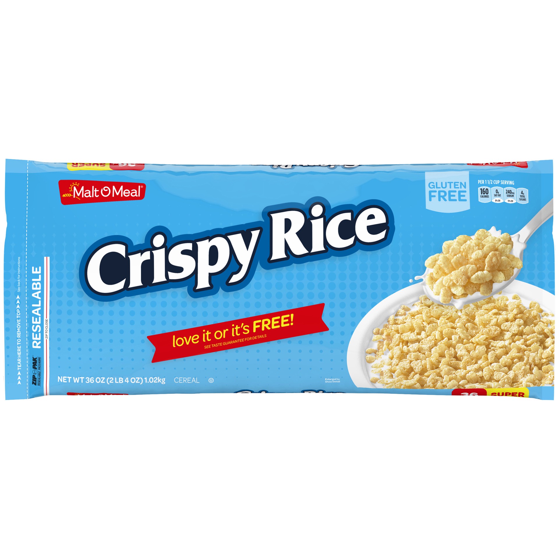 slide 1 of 6, Malt-O-Meal Crispy Rice Cereal, Gluten Free Breakfast Cereal, 36 OZ Resealable Cereal Bag, 36 oz