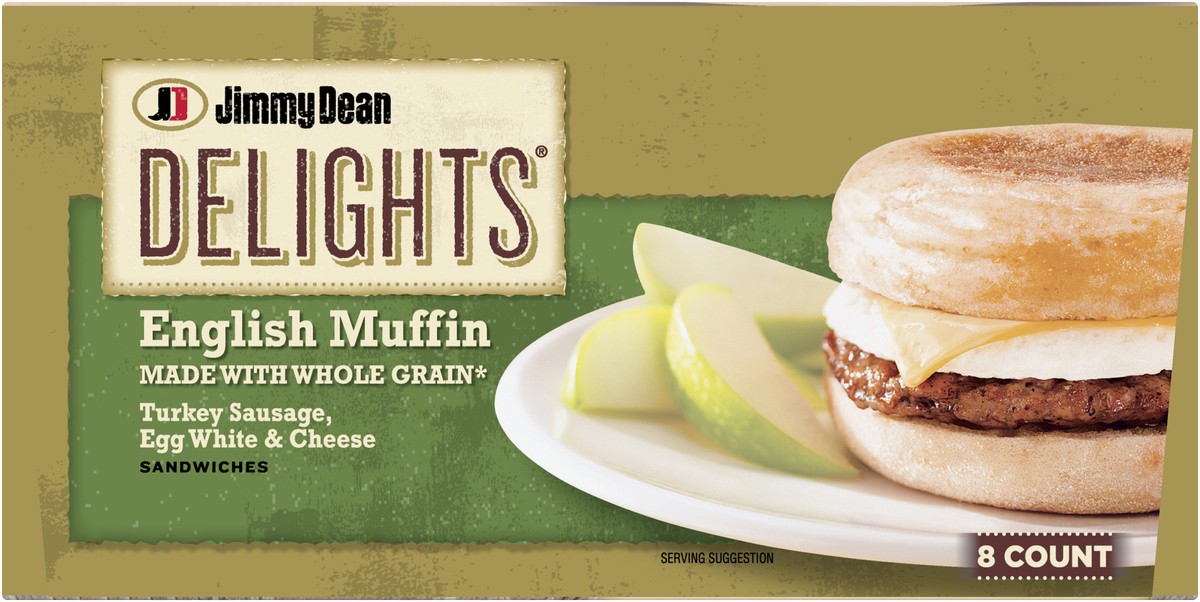 slide 4 of 9, Jimmy Dean Delights English Muffin Breakfast Sandwiches with Turkey Sausage, Egg White, and Cheese, Frozen, 8 Count, 1.16 kg