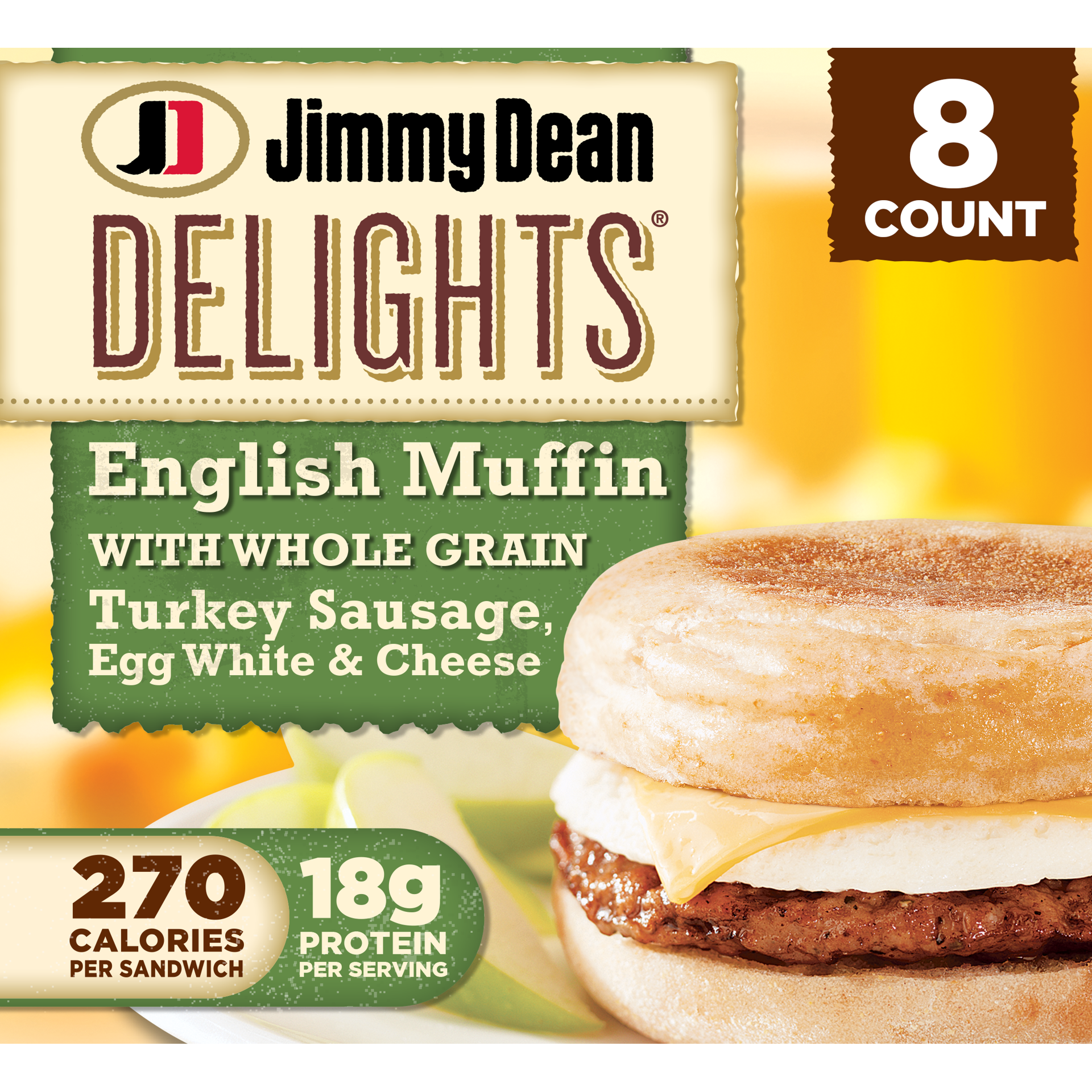 slide 1 of 9, Jimmy Dean Delights English Muffin Breakfast Sandwiches with Turkey Sausage, Egg White, and Cheese, Frozen, 8 Count, 1.16 kg