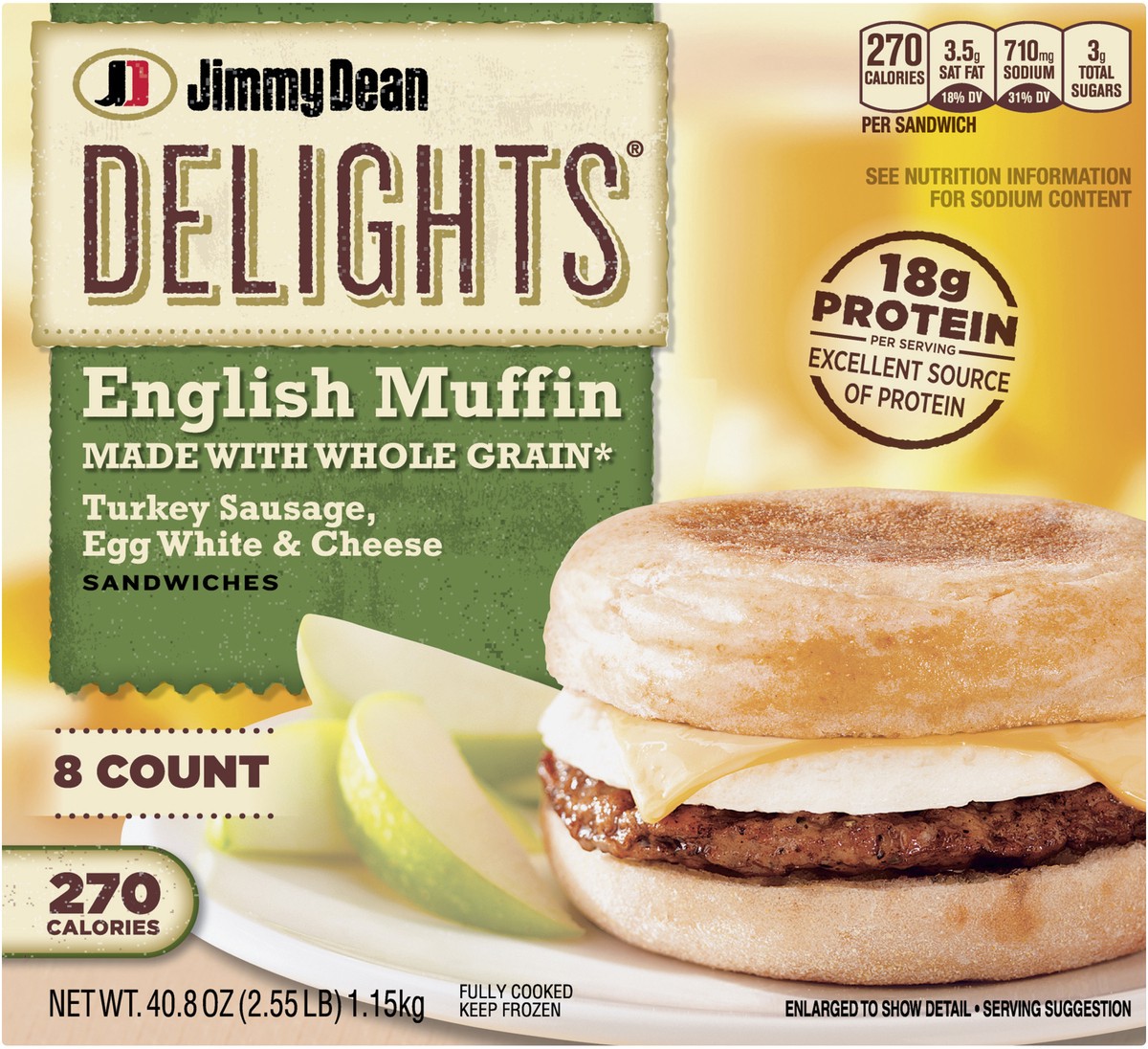 slide 6 of 9, Jimmy Dean Delights English Muffin Breakfast Sandwiches with Turkey Sausage, Egg White, and Cheese, Frozen, 8 Count, 1.16 kg