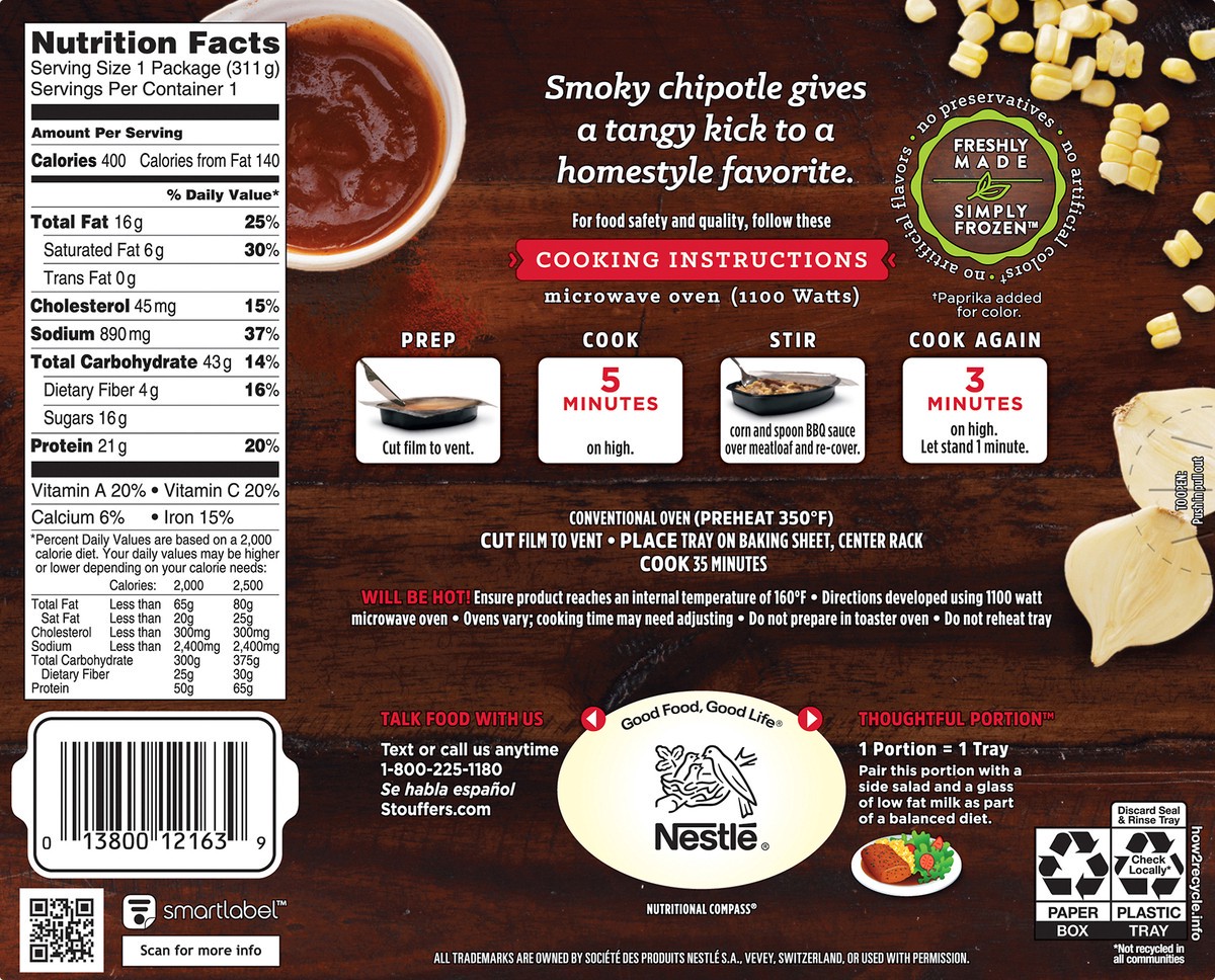 slide 2 of 10, Stouffer's Creative Comforts Meatloaf With Sweet Chipotle Barbeque Sauce, 11 oz