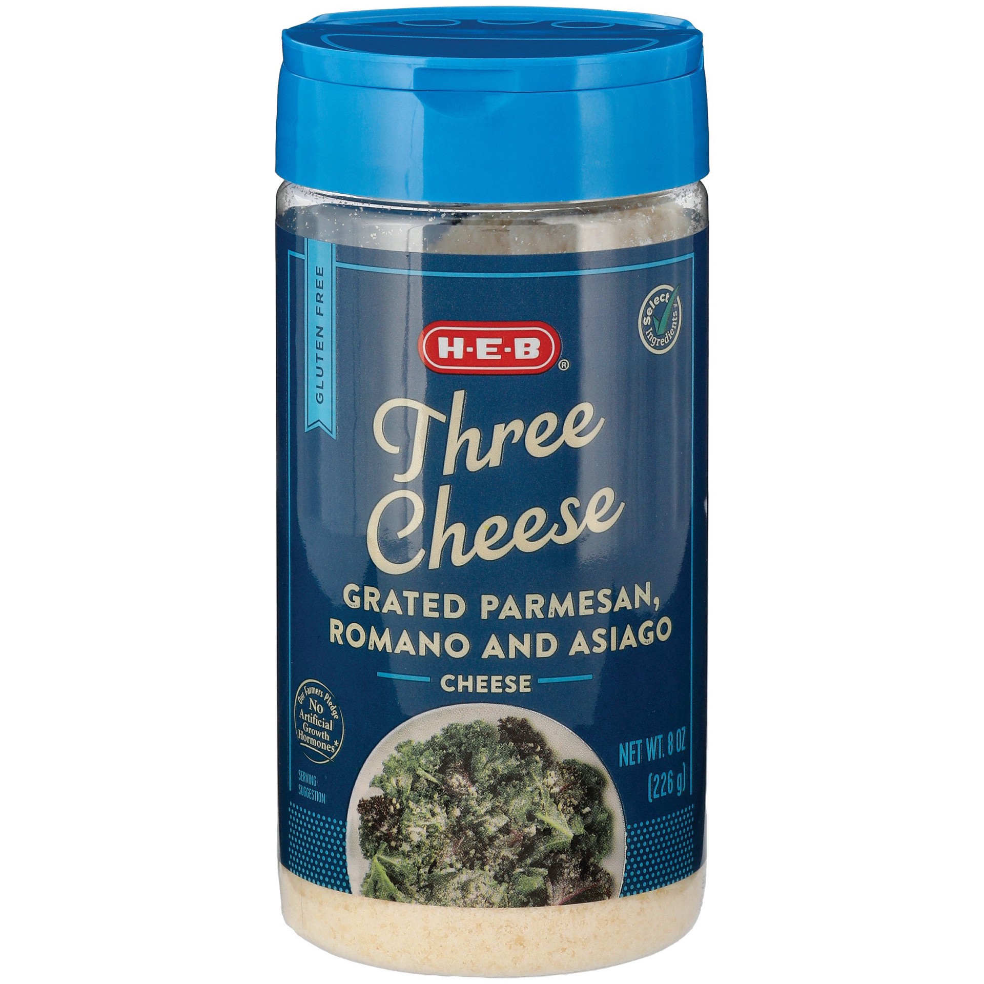 slide 1 of 1, H-E-B Three Cheese Grated Parmesan, Romano & Asiago Cheese, 8 oz