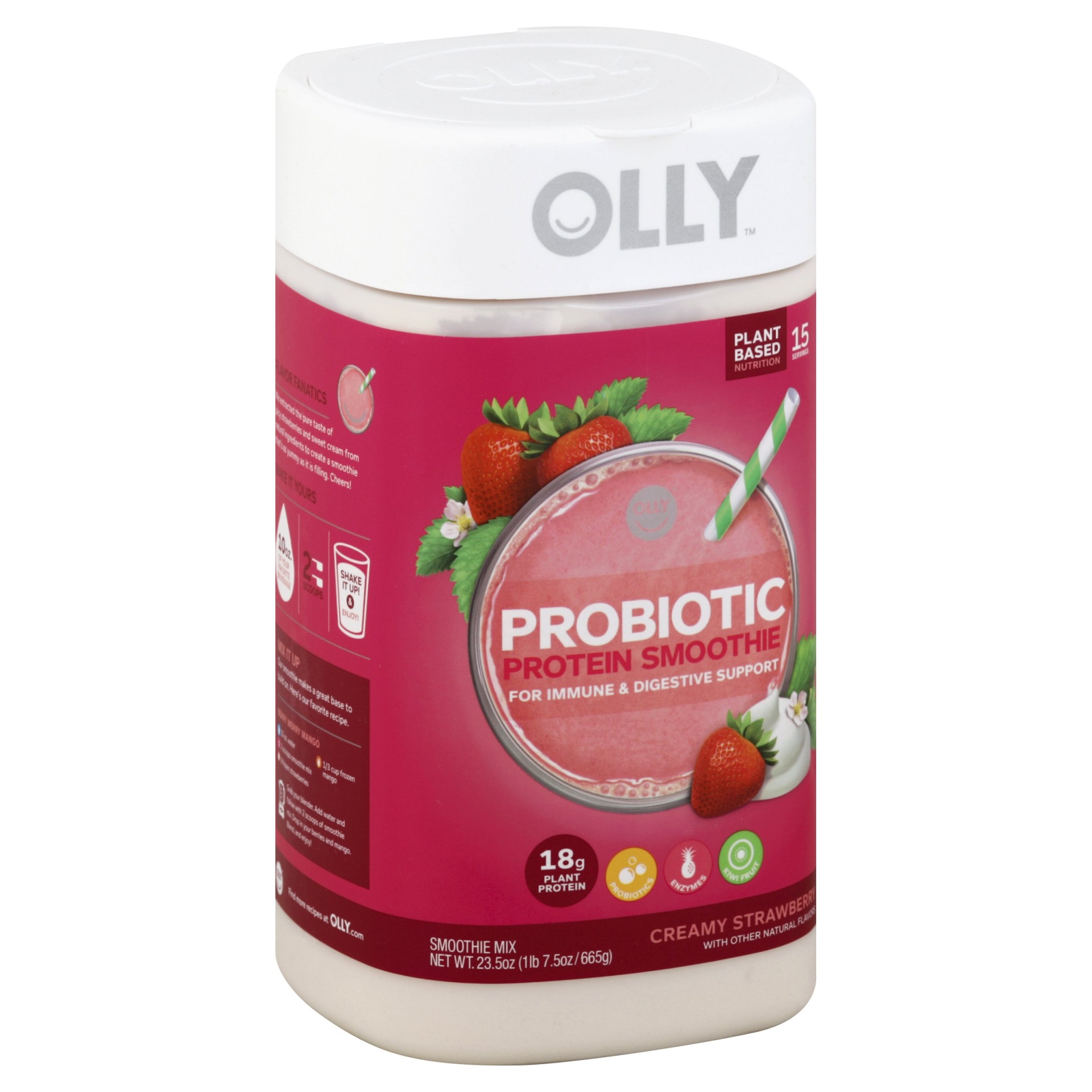 slide 1 of 4, Olly Probiotic Smoothie Protein Powder Creamy Strawberry, 23.6 oz