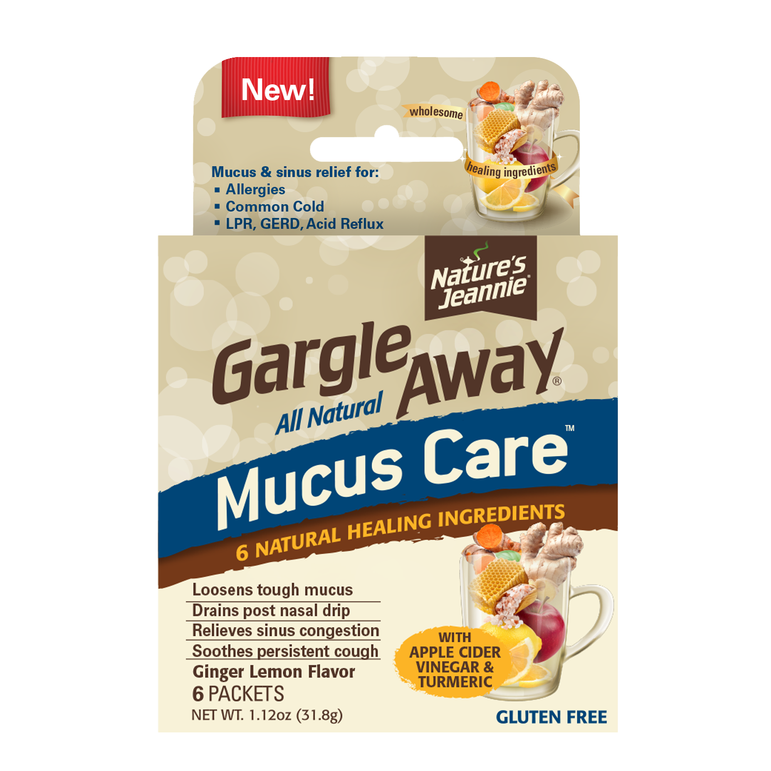 slide 1 of 4, Nature's Jeannie Gargle Away Natural Mucus Care Packets, Ginger Lemon Flavor, 1.12 oz, 6 ct