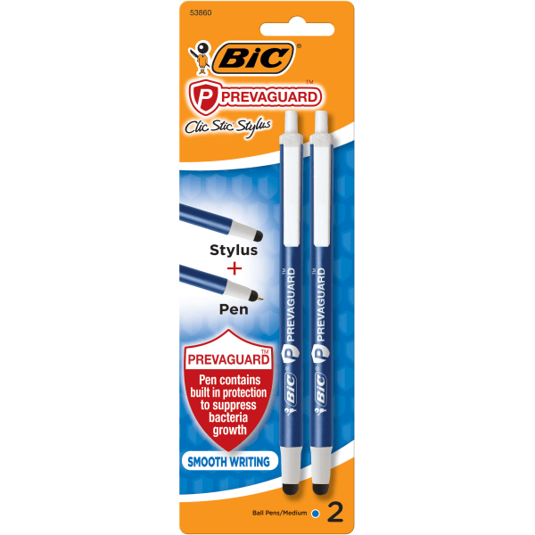 slide 1 of 4, BIC Prevaguard Clic Stic Ball Pens, Medium Point, 1.0mm, Blue Barrel, Blue Ink, 2 ct