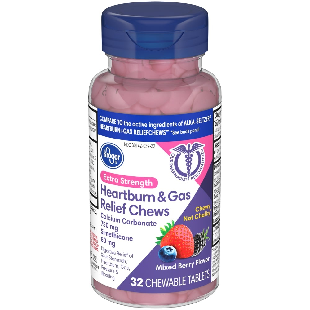 slide 1 of 1, Kroger Extra Strength Heartburn Gas Relief Mixed Berry Flavor Chewable Tablets, 32 ct