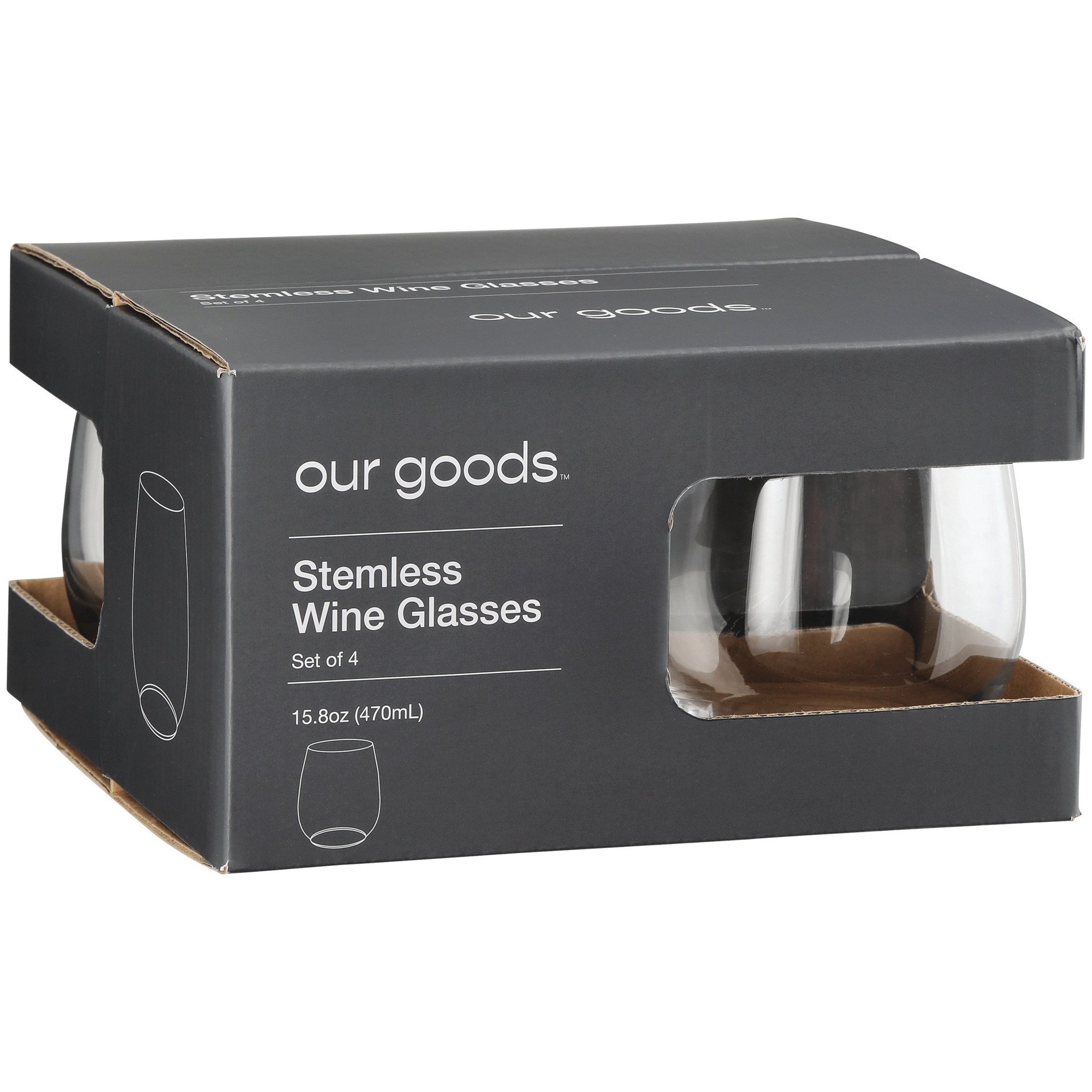 slide 1 of 1, our goods Stemless Wine Glasses, 15.8oz, 4 ct