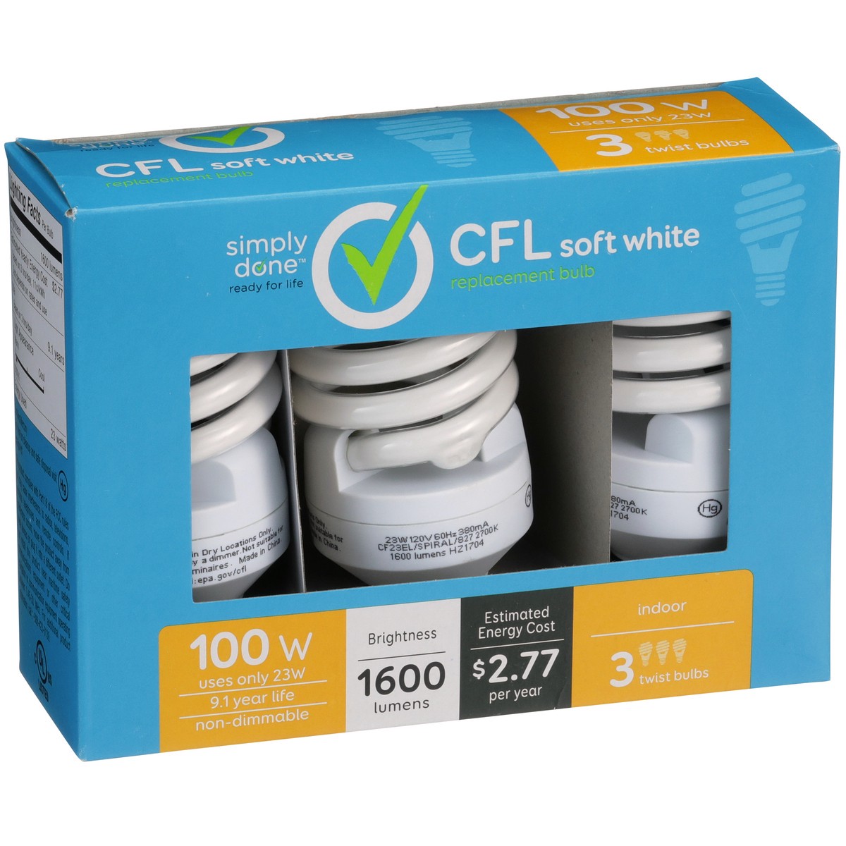 slide 4 of 8, Simply Done Light Bulbs, Replacement, CFL, Soft White, 23 Watts, 3 ct