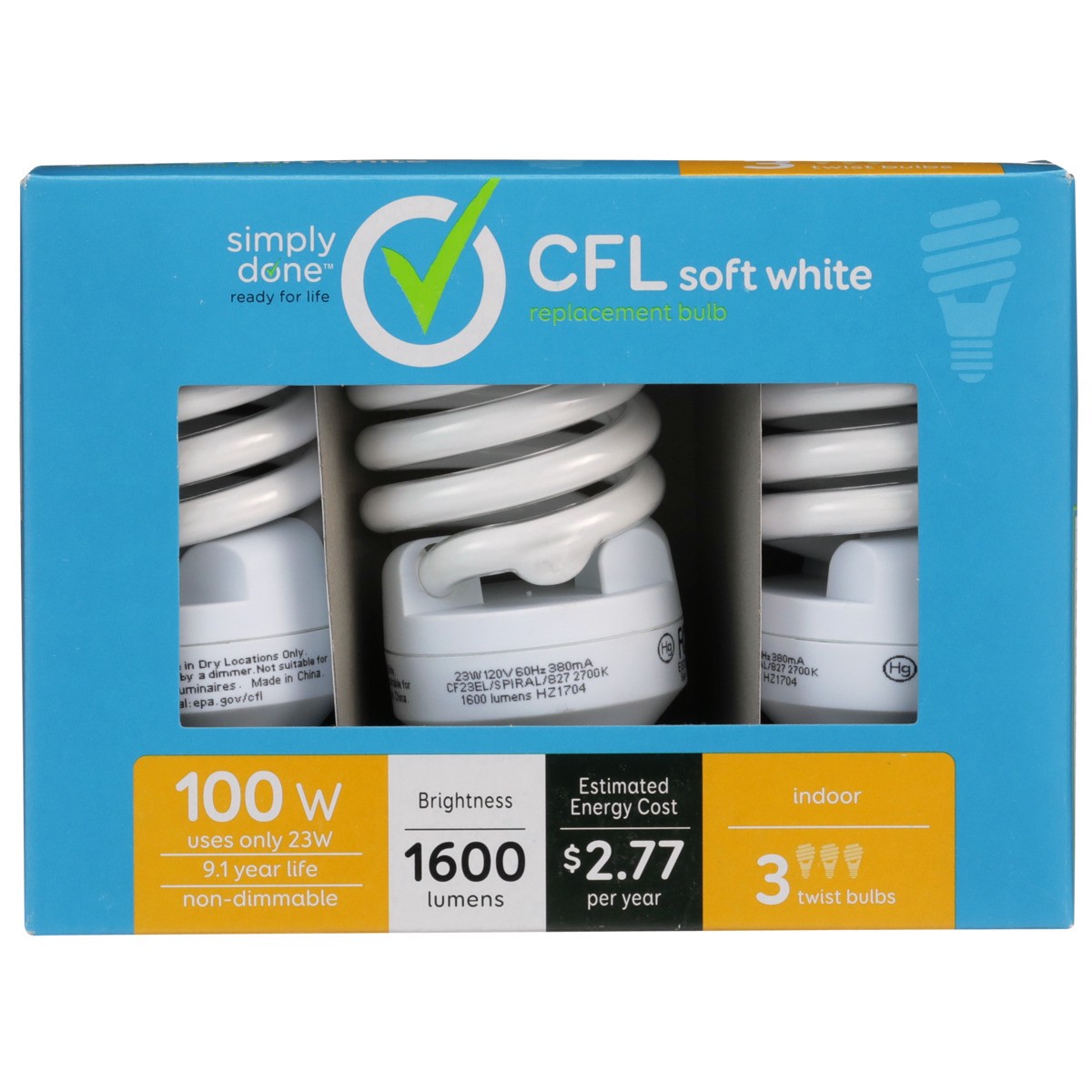 slide 5 of 8, Simply Done Light Bulbs, Replacement, CFL, Soft White, 23 Watts, 3 ct