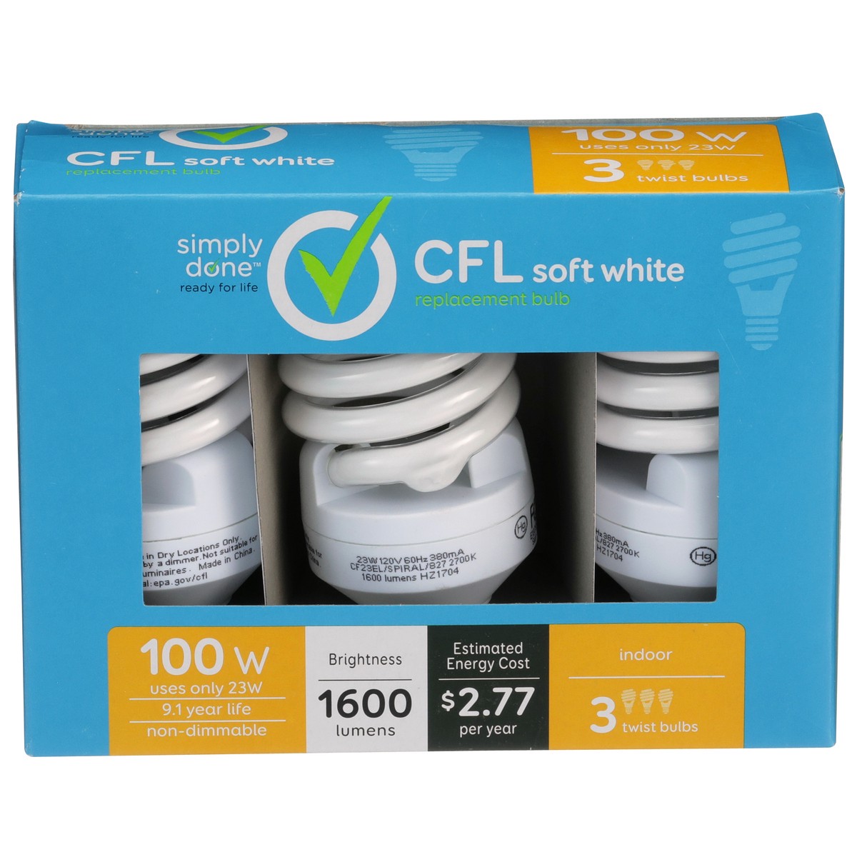 slide 1 of 8, Simply Done Light Bulbs, Replacement, CFL, Soft White, 23 Watts, 3 ct