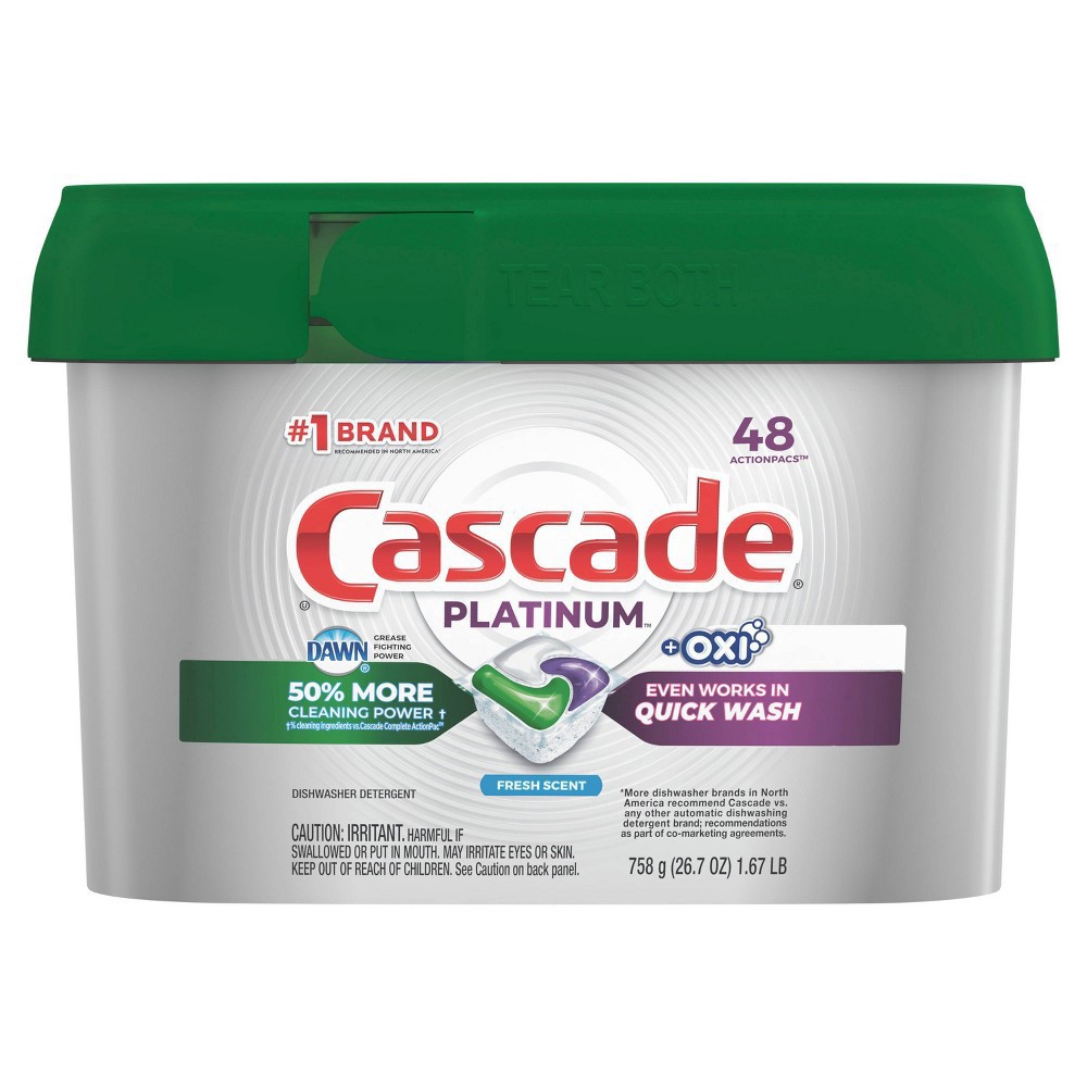 slide 3 of 12, Cascade Fresh Scent Platinum ActionPacs Dishwasher Detergent + Oxi Fresh Cleaner Pods - 26.7oz/48c, 48 ct