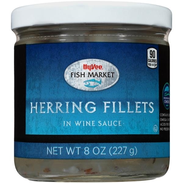slide 1 of 1, Hy-vee Fish Market Herring Fillets In Wine Sauce, 8 oz