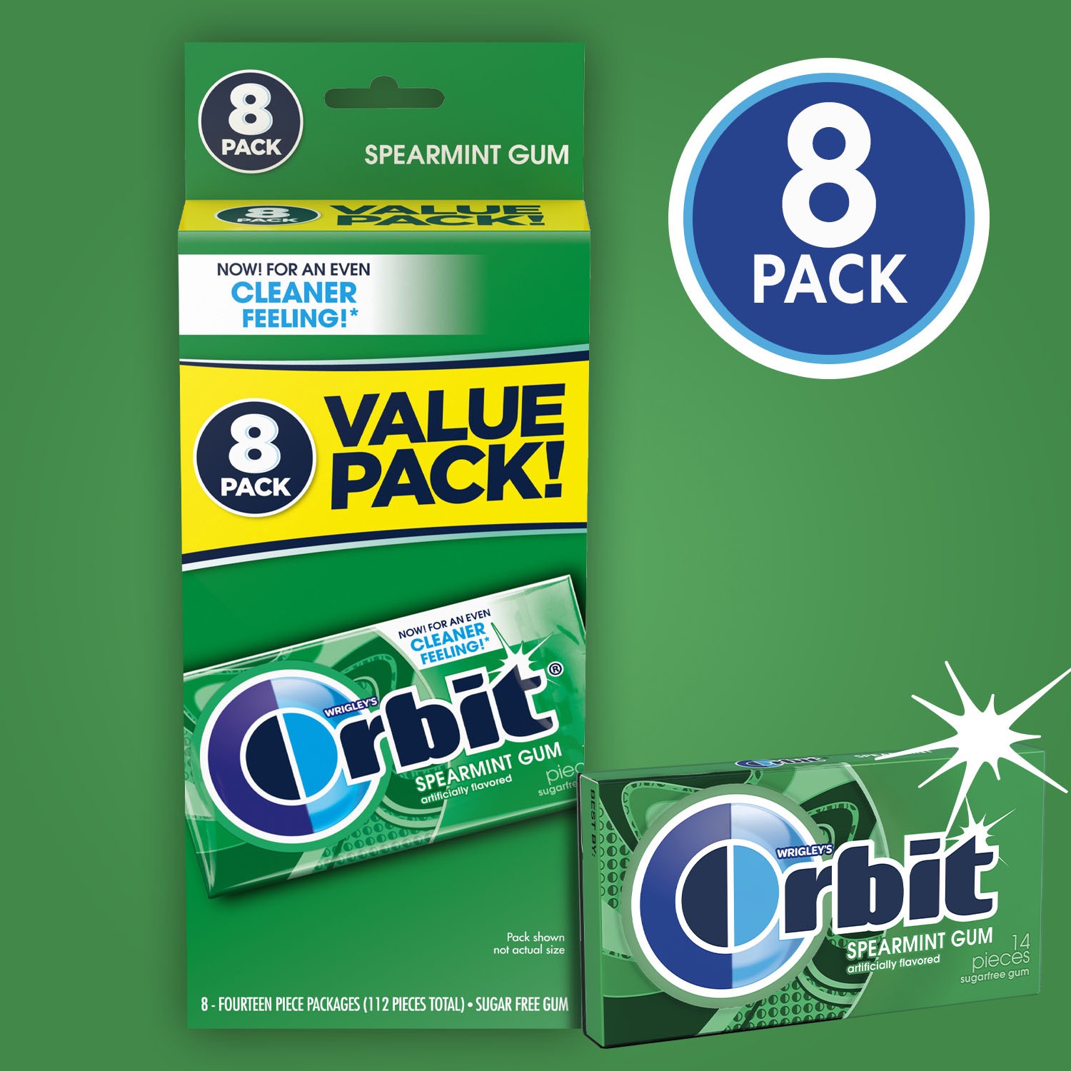 slide 4 of 8, ORBIT Gum Spearmint Sugar Free Chewing Gum Bulk Pack, 14 Piece (Pack of 8), 112 pc