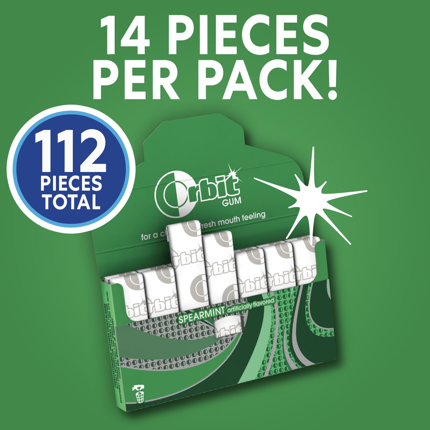 slide 8 of 8, ORBIT Gum Spearmint Sugar Free Chewing Gum Bulk Pack, 14 Piece (Pack of 8), 112 pc