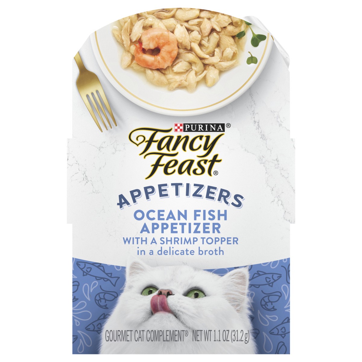 slide 1 of 9, Fancy Feast Purina Fancy Feast Lickable Appetizers Grain Free Wet Cat Food Topper Ocean Fish Appetizer with a Shrimp Cat Food Topper - 1.1 oz. Tray, 1.1 oz