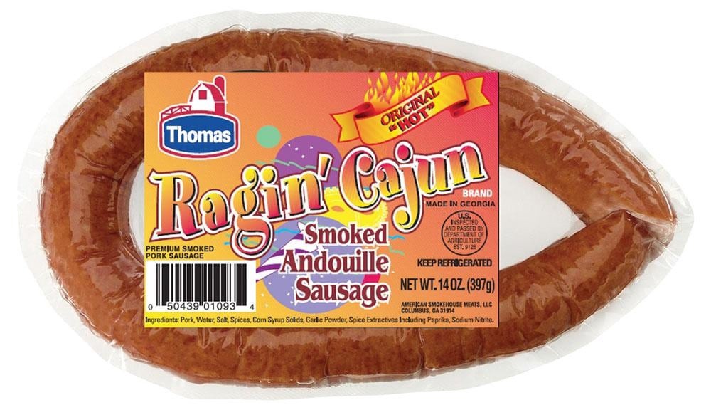 slide 1 of 1, Ragin Cajun Andouille Smoked Sausage, Hot, 14 oz