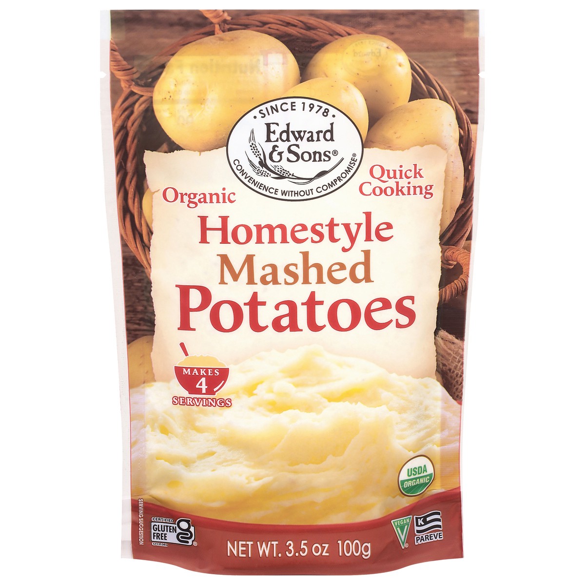 slide 1 of 12, Edward & Sons Organic Quick Cooking Homestyle Mashed Potatoes 3.5 oz, 3.5 oz