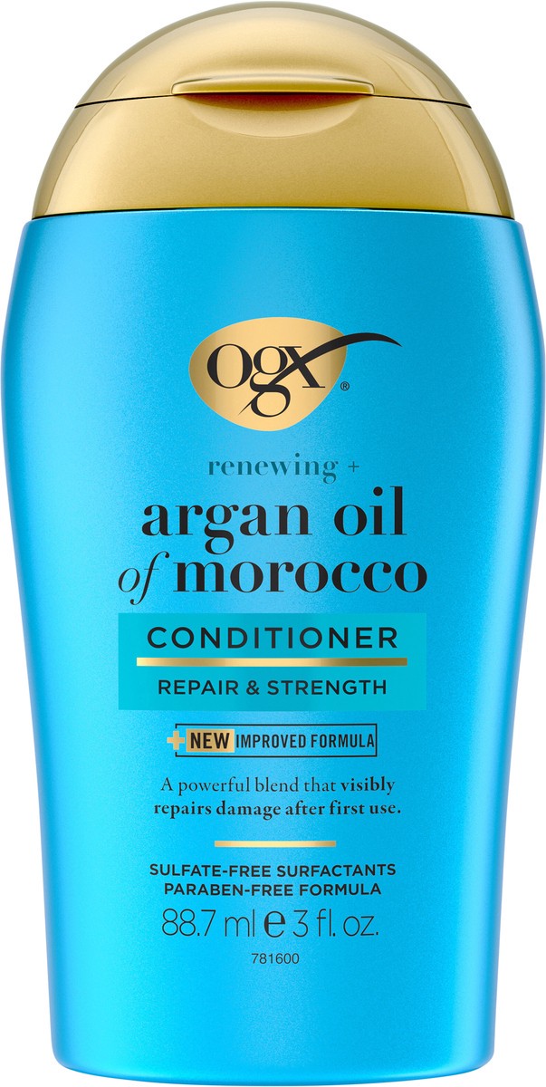 slide 7 of 11, OGX Renewing + Argan Oil of Morocco Conditioner, Damage Repairing Conditioner + Argan Oil to Help Strengthen & Repair Dry, Damaged Hair, Travel Size, TSA-Compliant, 3 fl. oz, 88.70 ml