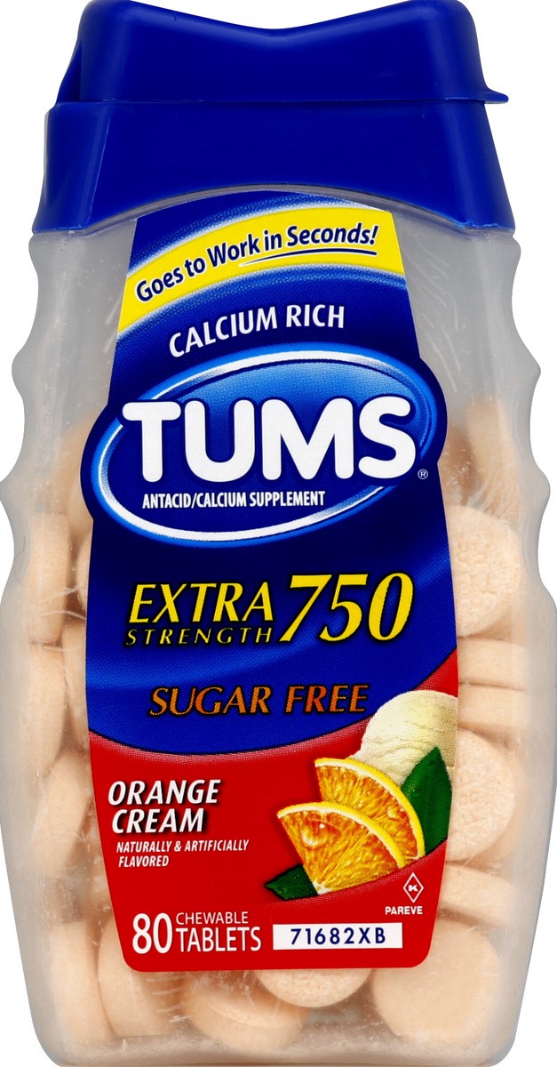 slide 2 of 3, Tums Extra Strength 750 Sugar Free Orange Cream Antacid/Calcium Supplement Chewable Tablets, 80 ct