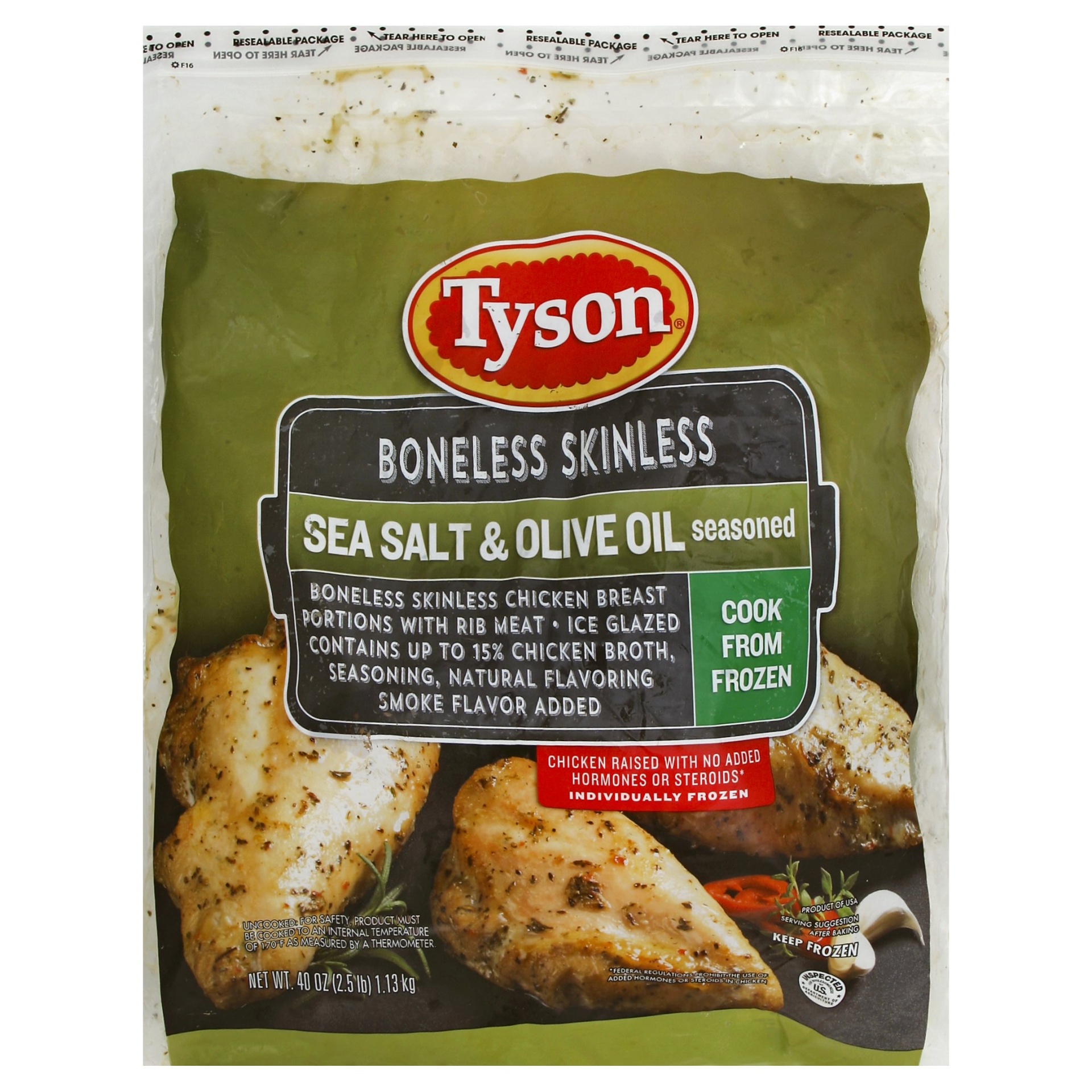 slide 1 of 5, Tyson Sea Salt & Olive Oil Seasoned Boneless Skinless Chicken Breasts, 40 oz