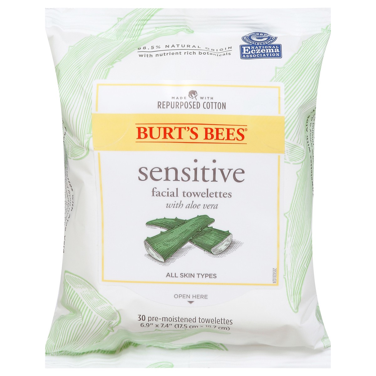slide 1 of 137, Burt's Bees Soothing Facial Cleanser and Makeup Remover Towelettes with Aloe Vera for Sensitive Skin, Made with Upcycled Cotton, 30 Count, 30 ct