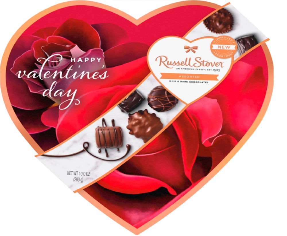 slide 1 of 1, Russell Stover Valentine's Day Assorted Milk & Dark Chocolates Heart Box, 10 oz