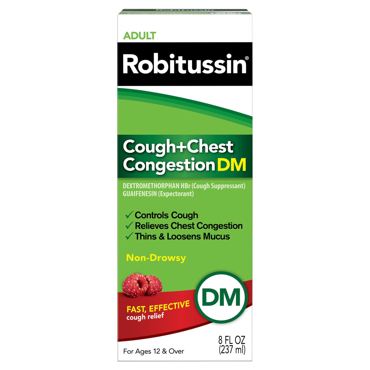 slide 1 of 10, Robitussin Cough and Chest Congestion DM, Cough Suppressant and Expectorant, Raspberry Flavor - 8 Fl Oz Bottle, 8 oz