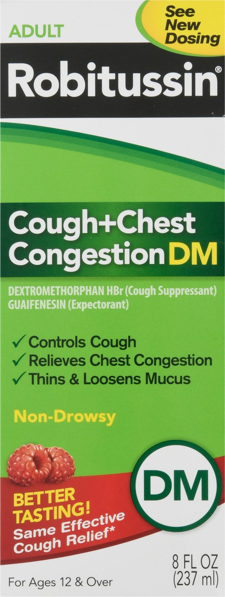 slide 7 of 10, Robitussin Cough and Chest Congestion DM, Cough Suppressant and Expectorant, Raspberry Flavor - 8 Fl Oz Bottle, 8 oz