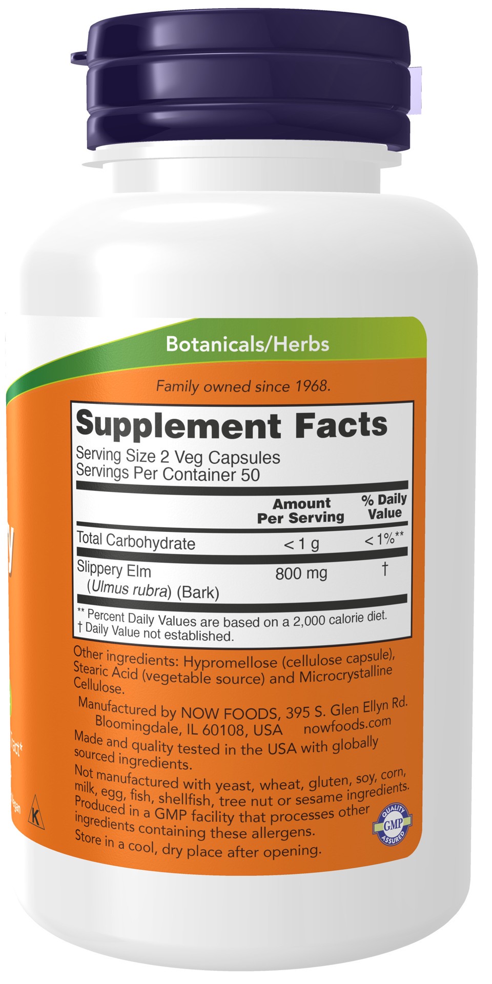 slide 2 of 4, NOW Slippery Elm 400 mg - 100 Veg Capsules, 100 ct