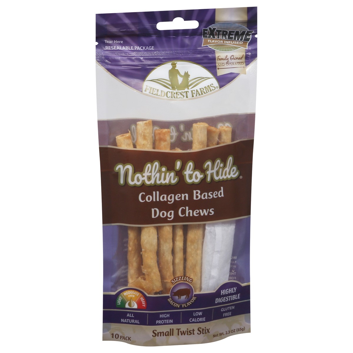 slide 6 of 9, Fieldcrest Farms Nothin' to Hide 10 Pack Small Twist Stix Sizzling Bacon Flavor Dog Chews 10 ea, 10 ct