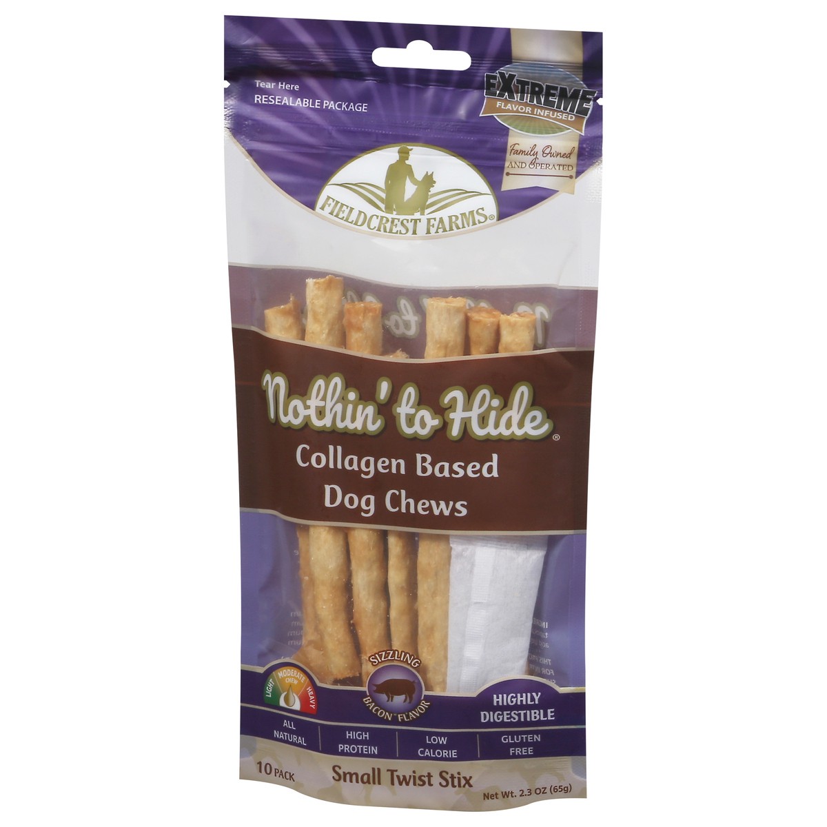 slide 9 of 9, Fieldcrest Farms Nothin' to Hide 10 Pack Small Twist Stix Sizzling Bacon Flavor Dog Chews 10 ea, 10 ct
