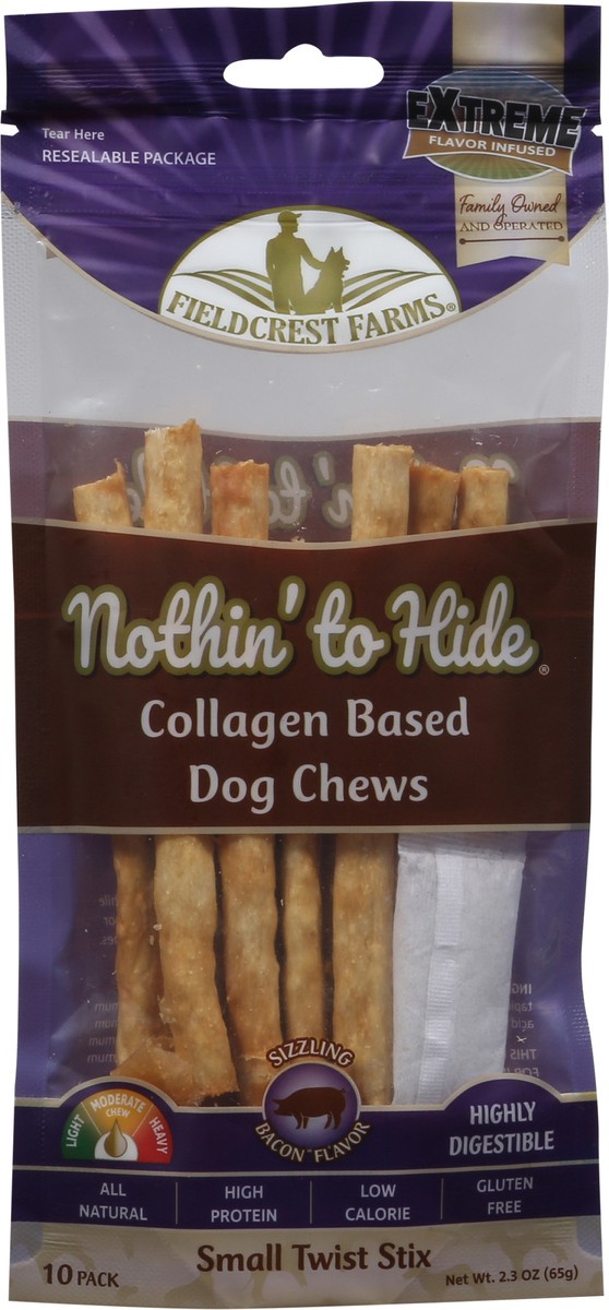 slide 3 of 9, Fieldcrest Farms Nothin' to Hide 10 Pack Small Twist Stix Sizzling Bacon Flavor Dog Chews 10 ea, 10 ct