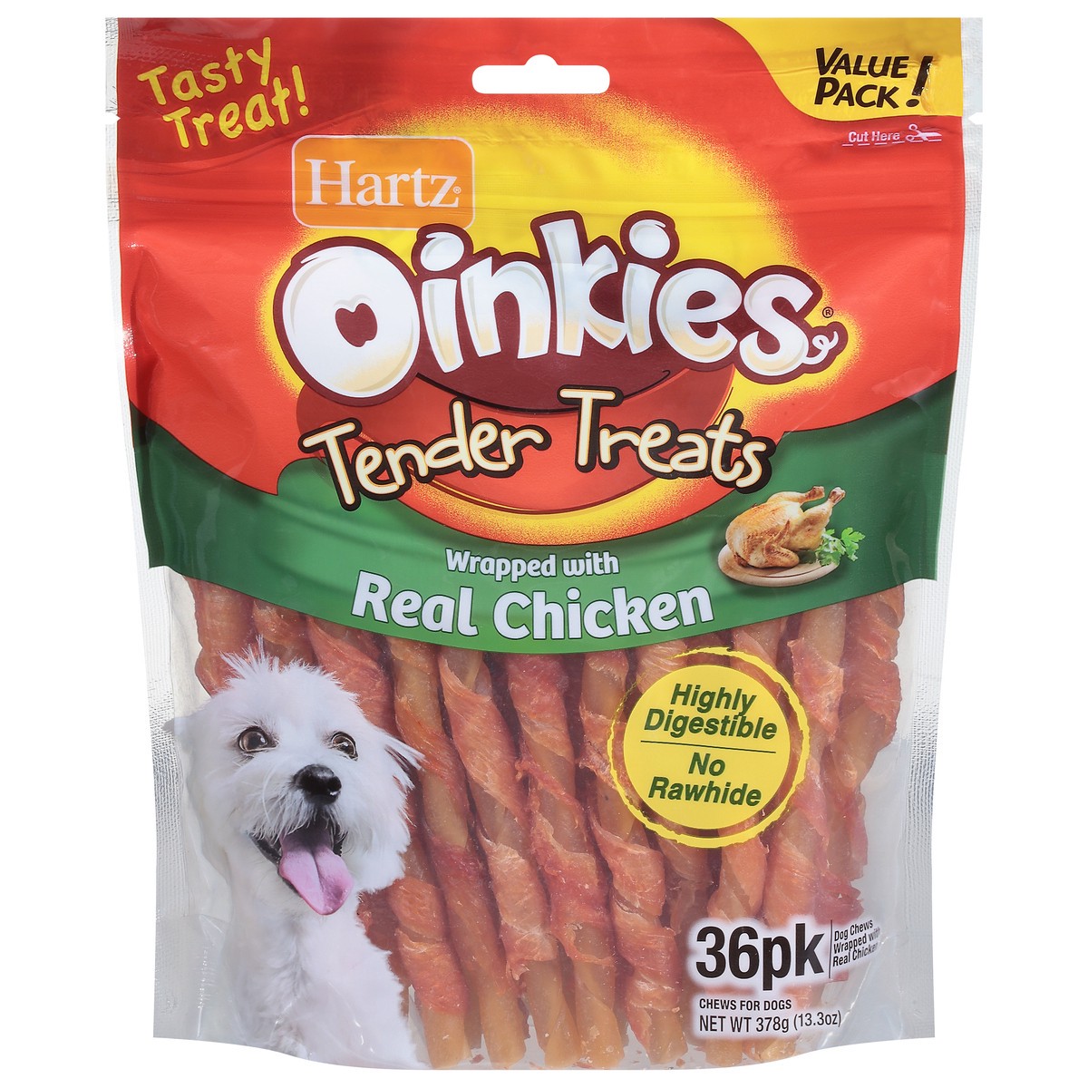 slide 1 of 10, Hartz Oinkies Value Pack Tender Treats Wrapped with Real Chicken Chews for Dogs 36 ea, 36 ct