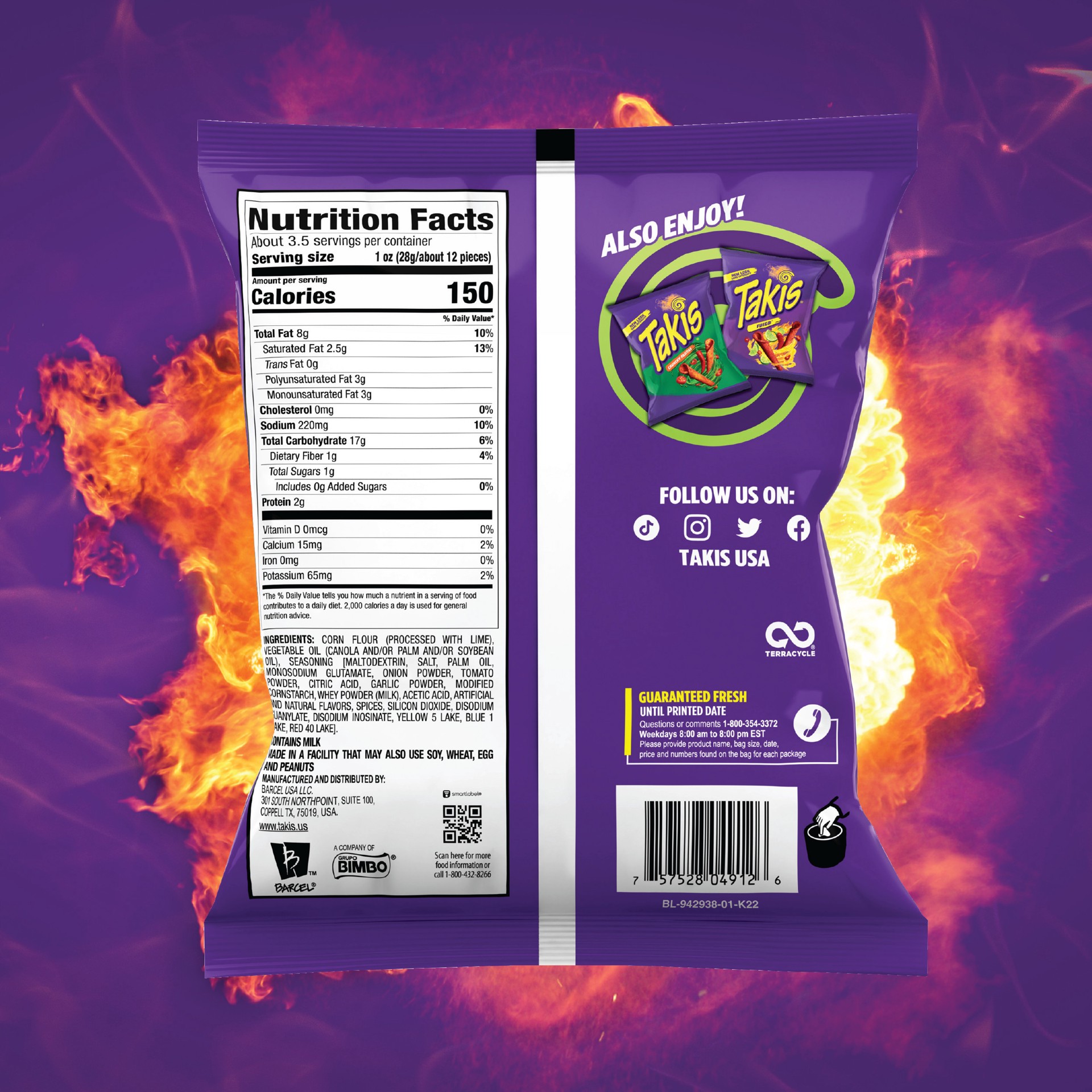 slide 7 of 7, Takis Barcel Takis Roll Tortilla Chips Guacamole Flavor, 3.25 oz