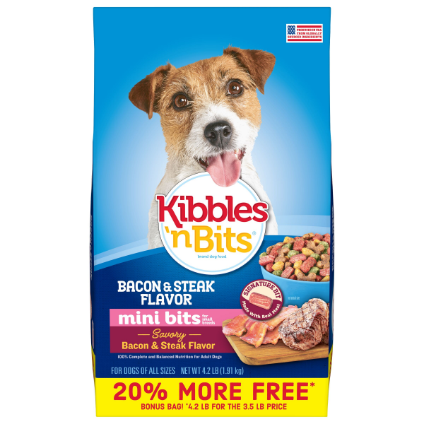 slide 3 of 10, Kibbles 'n Bits Kibbles ‘n Bits Mini Bits Small Breed Savory Bacon & Steak Flavor Dry Dog Food, 3.5 lb. Bag, 3.5 lb