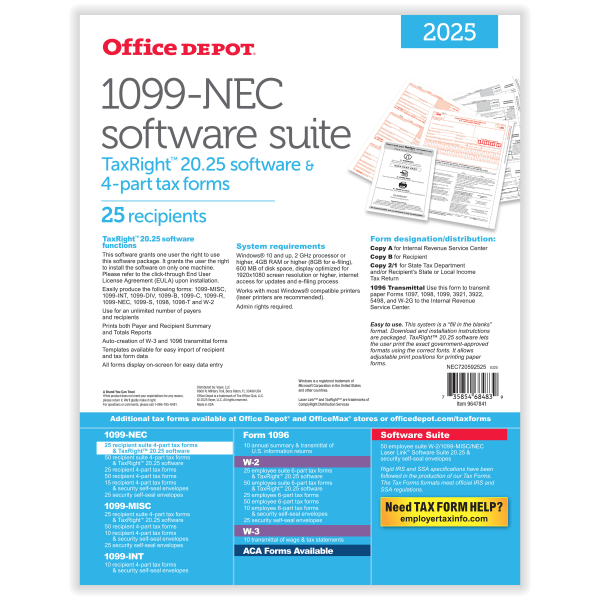 slide 2 of 4, Office Depot® 1099-NEC Laser Tax Forms With Software, 4-Part, 3-Up, 8-1/2"" x 11"", Pack Of 25 Form Sets, NEC720592525, 1 ct