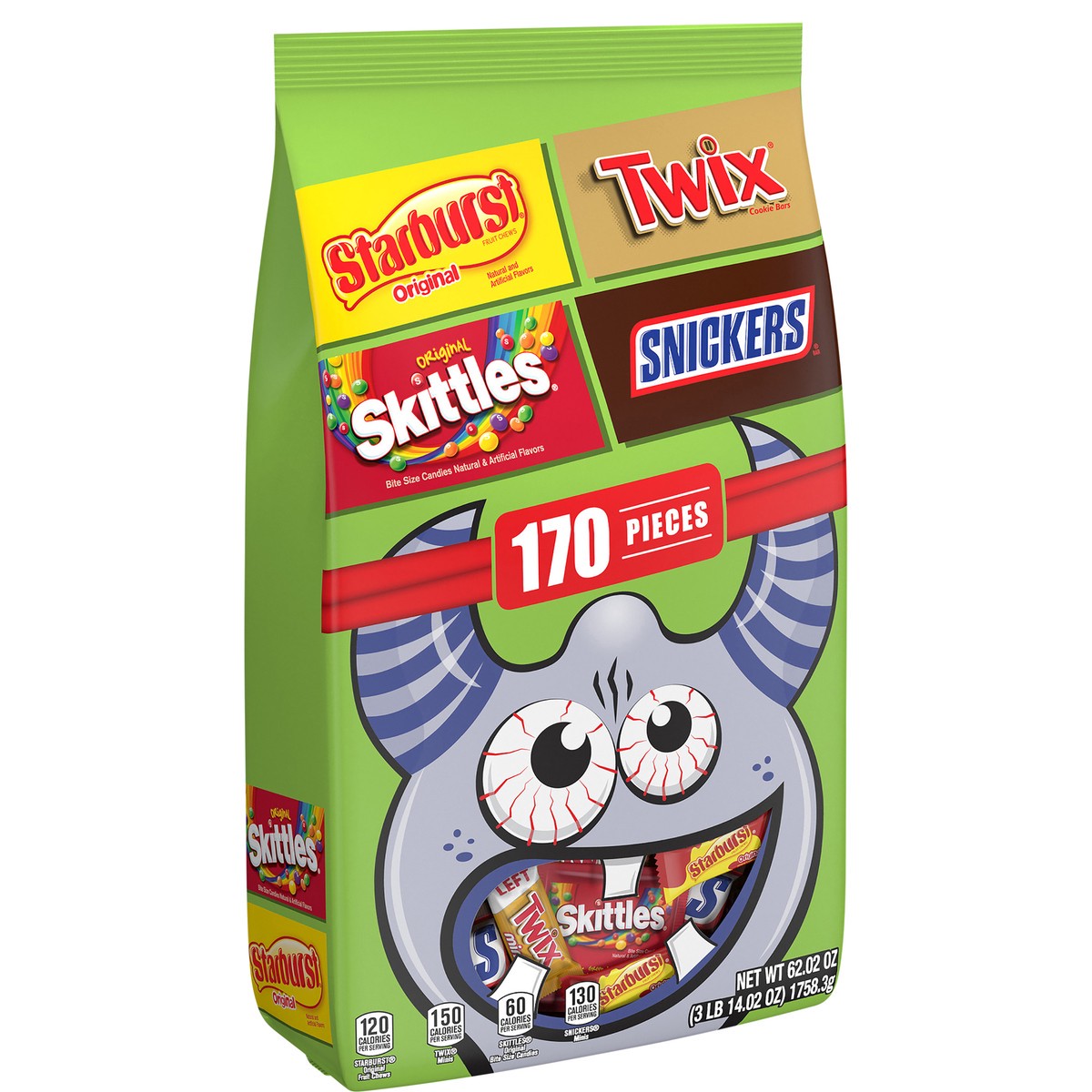 slide 4 of 9, Mixed SNICKERS, TWIX, SKITTLES & STARBURST Halloween Candy Bulk Assortment 62.02oz/170 Piece Bag, 62.02 oz