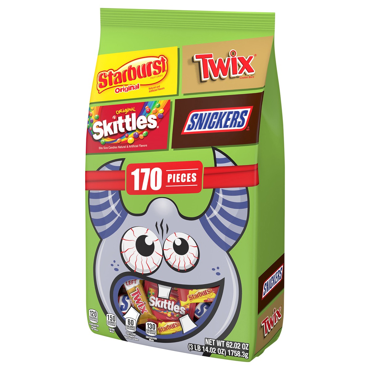 slide 5 of 9, Mixed SNICKERS, TWIX, SKITTLES & STARBURST Halloween Candy Bulk Assortment 62.02oz/170 Piece Bag, 62.02 oz
