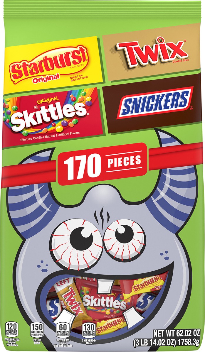 slide 8 of 9, Mixed SNICKERS, TWIX, SKITTLES & STARBURST Halloween Candy Bulk Assortment 62.02oz/170 Piece Bag, 62.02 oz
