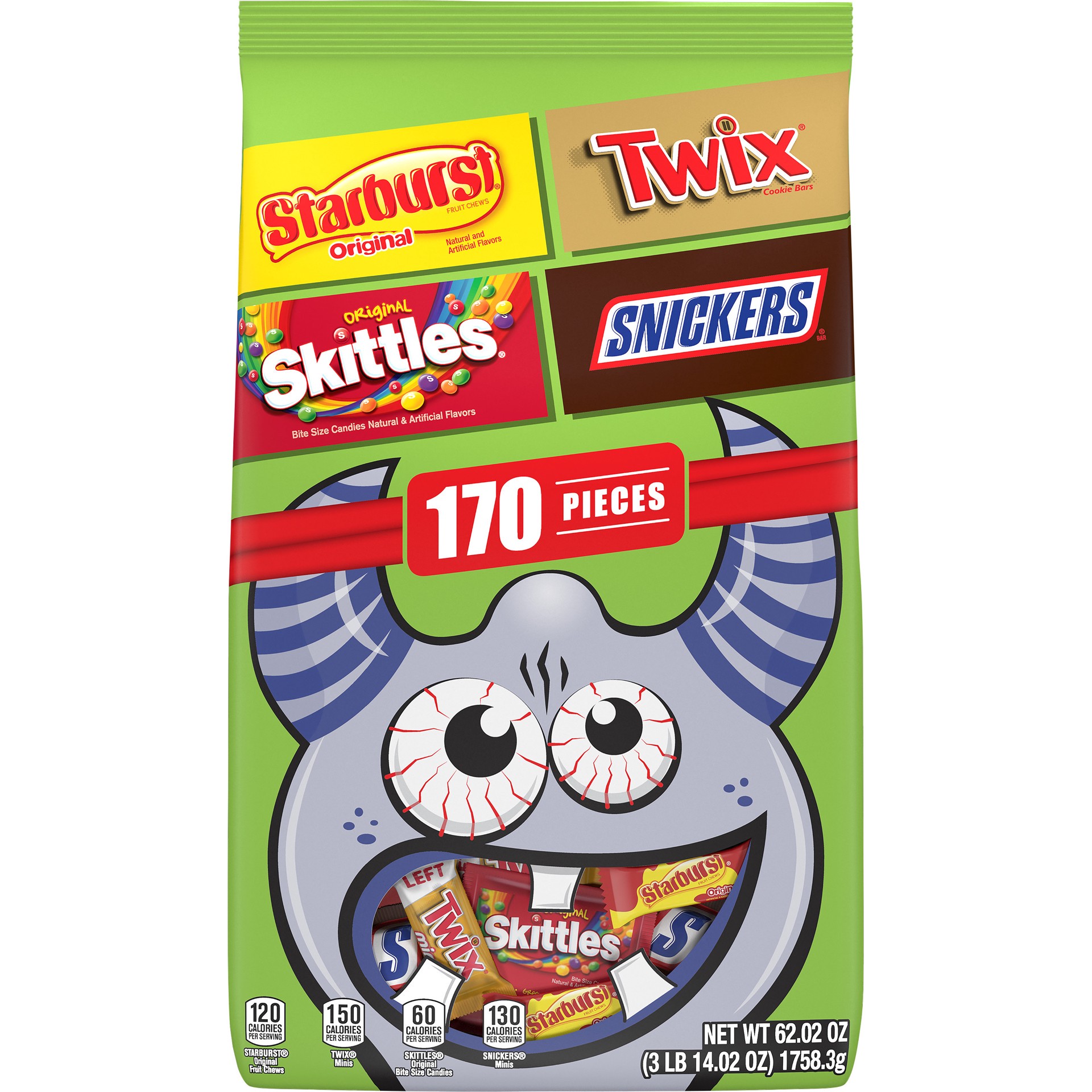 slide 1 of 9, Mixed SNICKERS, TWIX, SKITTLES & STARBURST Halloween Candy Bulk Assortment 62.02oz/170 Piece Bag, 62.02 oz